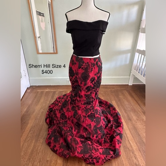 Sherri Hill Black and Red Floral Gown - Picture 2 of 3